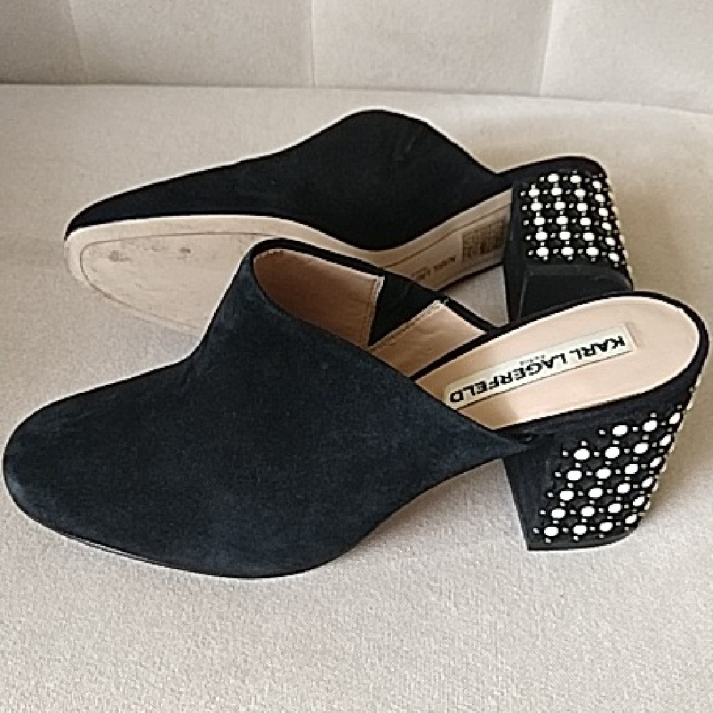 Karl Lagerfeld Serin Suede Mules with Studded Heels